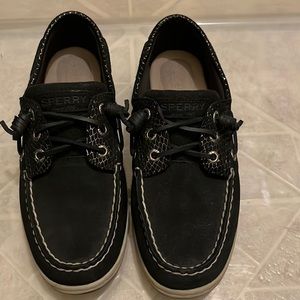 Sperry Boat Shoes black with gold snake print used size 7.5 women